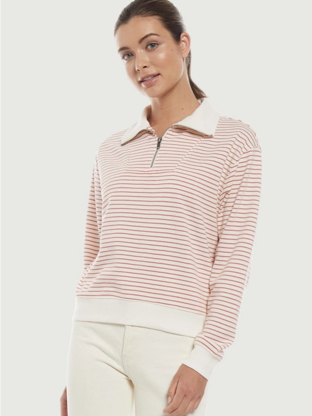 Three Dots Pink and White Striped Half-Zip Sweatshirt